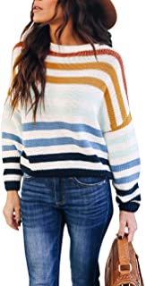 Women Sweaters Long Sleeve Crew Neck Color Block Striped Oversized Casual Knitted Pullover Tops