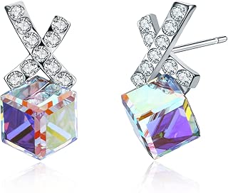 SBLING Platinum-Plated Cube Stud Earrings Made with Swarovski Crystals (3 cttw)