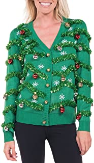 Women's Gaudy Garland Cardigan - Tacky Christmas Sweater with Ornaments
