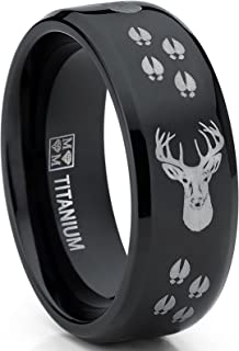 8MM Black High Polish Deer Head Track Titanium Ring Wedding Band, Men's Hunting Ring, Outdoor Jewelry