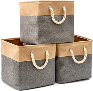 EZOWare 3-Pack Collapsible Storage Bins Basket Foldable Canvas Fabric Tweed Storage Cubes Set with Handles for Babies Nursery Toys Organizer (13 x 13 x 13 inches) (Gray/Beige)