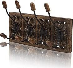 Decorative Wooden & Cast Iron Vintage Rustic Coat Hanger Wall Mounted Jacket Robe Towel Door Hook Rack Holder Rail for Hallway Living Room Entryway Bathroom Bedroom Home Decor Accents