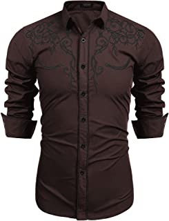 Men's Long Sleeve Embroidered Shirt Slim Fit Casual Button Down Shirts
