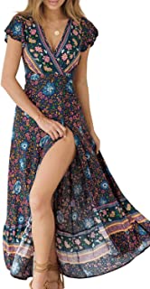 ZESICA Women's Bohemian Floral Printed Wrap V Neck Short Sleeve Split Beach Party Maxi Dress