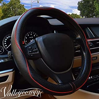 Valleycomfy 15.75 inch Auto Car Steering Wheel Covers Black with Red Lines- Genuine Leather for F-150 Tundra Range Rover