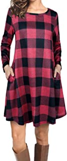 Women's Casual Loose Long Sleeve Plaid T Shirt Dress with Pockets