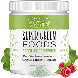 Super Greens Powder Organic Blend - Includes Spirulina, Alfalfa, Spinach, Acai, Probiotics and Digestive Enzymes, No Artificial Sweeteners, 30 Servings by Nature Plus You