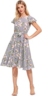 Women's Floral Print Ruffle Tie Waist Summer Chiffon Dress