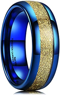 King Will Meteor Mens 8mm Blue Tungsten Carbide Sliver/Gold Meteorite Inlay Domed High Polished Ring