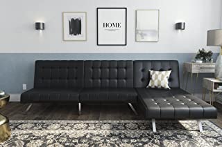DHP Emily Sectional Futon Sofa with Convertible Chaise Lounger, Black Faux Leather
