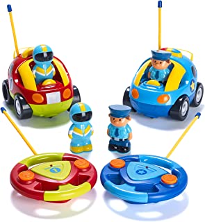Prextex Pack of 2 Cartoon R/C Police Car and Race Car Radio Control Toys for Kids- Each with Different Frequencies So Both Can Race Together