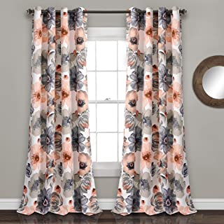 Lush Decor Coral and Gray Leah Floral Room Darkening Window Panel Curtain Set for Living, Dining, Bedroom (Pair), 95” x 52 L