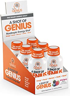 Shot of Genius - Nootropic Energy Shots | The Smart Energy Drink for Men & Women w/ Alpha GPC & Blueberry Extract | Extra Strength Brain Boost Supplement | Spark Focus & Support Mood - Sugar Free -6ct