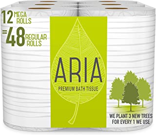 Aria Premium, Earth Friendly Toilet Paper, 12 Mega Rolls, 12 = 48 Regular Rolls, Eco Friendly Bath Tissue