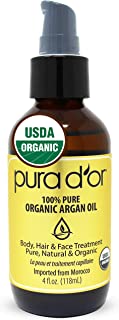 PURA D'OR Moroccan Argan Oil (4oz) Usda Certified Organic 100% Pure Cold Pressed Virgin Premium Grade Moisturizer Treatment for Dry Damaged Skin, Face, Scalp, hair, Body & Nails (Packaging May Vary)