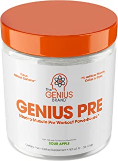 Genius Pre Workout Powder – All Natural Nootropic Preworkout & Caffeine Free Nitric Oxide Booster w/Beta Alanine & Alpha GPC | Boost Focus, Energy & NO | Muscle Builder Supplement –Sour Apple – 20SV