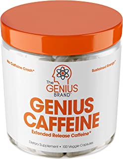 Genius Caffeine, Extended Release Microencapsulated Caffeine Pills, All Natural Non-Crash Sustained Energy & Focus Supplement, Preworkout & Nootropic Brain Booster For Men & Women,100 Count