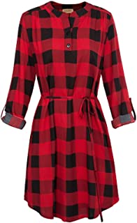 Women Roll Up Sleeve Casual Tunic Mini Plaid T Shirt Dresses KKAF1057