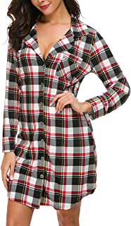 Women Long Sleeve Pajama Top Buttom Down Sleep Shirt Dress (XS-XL)