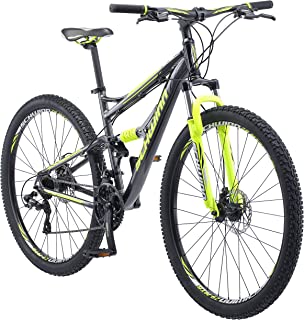 Schwinn Traxion Full Dual-Suspension Mountain Bike, Featuring 18-Inch/Medium Aluminum Frame and 29-Inch Wheels with Mechanical Disc Brakes, 24-Speed Shimano Drivetrain, Matte Grey/Neon Green