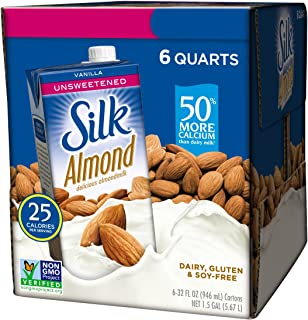 Silk Almond Milk, Unsweetened Vanilla, 32 Fluid Ounce (Pack of 6), Vanilla Flavored Non-Dairy Almond Milk, Dairy-free Milk
