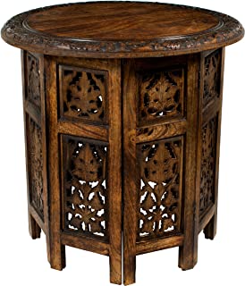 Cotton Craft Jaipur Solid Wood Hand Carved Accent Coffee Table - 18 Inch Round Top x 18 Inch High - Antique Brown