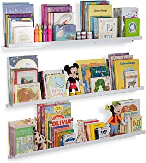 Wallniture Floating Shelves for Nursery and Metal Wall Mount Book Display Ledges Aluminum White 46 Inch Set of 3