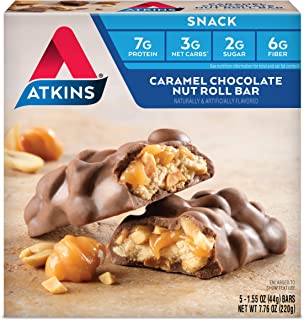 Atkins Snack Bar, Caramel Chocolate Nut Roll, Keto Friendly, 5 Count